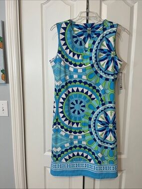 Amelia Quin Sleeveless Geometric Print Dress Size L NWT | Blue Green Resort Wear